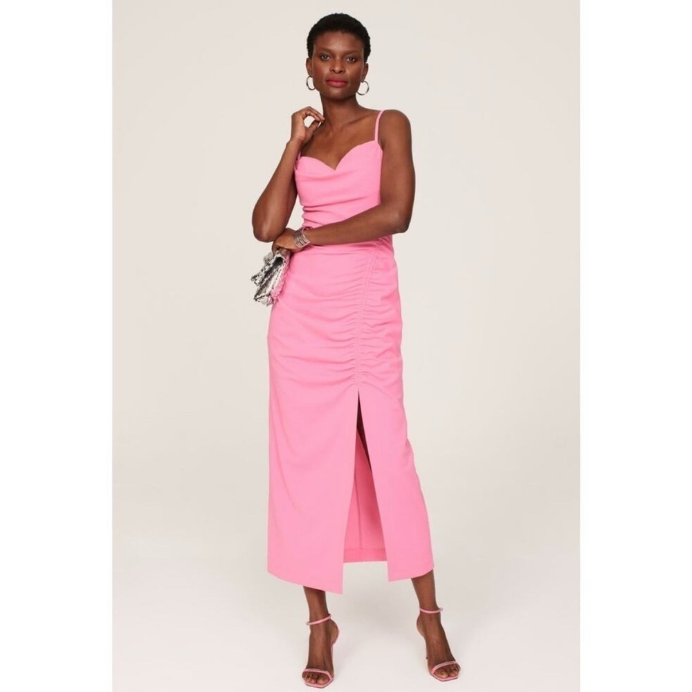 Donna Morgan Bubblegum Barbie Pink Ruched Midi Formal Dress Sz 12